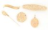 Group of Five Pieces of 14K Yellow Gold Jewelry, consisting of a "Sue" monogram barrette; a monogram initial pendant; an initial stickpin; an oval ini