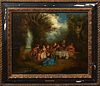 Manner of Antoine Watteau (1684-1721, French), "Fête Galante Picnic," 18th c., oil on board, unsigned, with later lattice support en verso, presented 