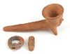 Three Pieces of Colima Pre-Columbian Pottery, consisting of a figural Pipe, a figural oval whistle, and a pottery design stamper, Pipe- H.- 3 in., W.-