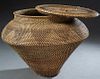 Large Native American Covered Woven Willow and Pine Straw Baluster Basket, 20th c., possibly Arapahoe or Shoshonie, H.- 19 in., Dia.- 26 in.