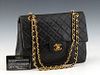 Chanel Double Square Flap 26 Shoulder Bag, in black quilted caviar calf leather with gold hardware, opening to a maroon leather lined interior, accomp