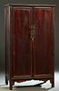 Rare Chinese Ming Style Carved Cedar Armoire, 18th c., the stepped rounded corner edge and side crown over double doors with brass locks, opening to a