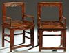 Pair of Chinese Carved Elm Armchairs, c. 1880, the pierced back to cylindrical arms and a rectangular seat, on block feet joined by rectangular stretc