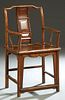 Chinese Ming Style Carved Elm Yoke Back Armchair, 19th c., the curved back with a curved vertical splat, to curved arms and a rectangular seat, on rou