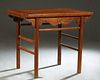 Chinese Carved Elm Kang Low Table, 19th c., Qing Dynasty, the rectangular top over spindled supports on reeded stretchers, on cylindrical legs, H.- 11