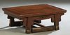 Unusual Chinese Carved Elm Ming Style Folding Low Table, 19th c., the dished top over a small frieze drawer, on square folding legs joined by square s