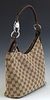 Gucci Braided Handle Hobo Shoulder Bag, in a beige monogram canvas, with dark brown leather accents and ruthenium hardware, opening to a dark interior