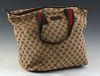 Gucci Large Web Handle Tote, in beige monogram canvas with green and red canvas handles and silver hardware, opening to a dark brown canvas lined inte