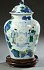 Chinese Covered Baluster Porcelain Ginger Jar, late 19th c., with scenic, figural and cloud decoration, now with a hardwood base mounted as a lamp, Ja