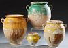 Group of Four French Provincial Partial Glazed Pottery Jars, 19th c., with applied ring handles, Tallest- H.- 12 3/4 in., W.- 11 1/2 in., D.- 9 1/2 in