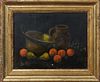 Continental School, "Still Life of Fruit and Jars," 20th c., oil on canvas, signed indistinctly lower left, presented in a stepped gilt frame, H.- 7 i