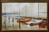 Pati Bannister (1929-2013, Mississippi), "Sailboats at Dock," 20th c., oil on board, signed lower right, presented in a gilt and wood frame, H.- 11 in