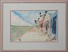 Ronald Leonard Jones (1952-2021, New Orleans), "Houses Facing a Field," early 21st c., watercolor on paper, signed lower right, presented in a bleache