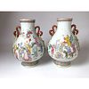 Pair Republic of China Famille Rose Buddhist Figure Amphora Handle Vases 