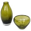 Murano Green Glass Vase & Bowl Set