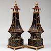 Pair of Black Painted Pagoda Form Obelisk, of Recent Manufacture