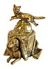 Brass Inkwell, having fox jumping over a hat and a dog under a blanket, height 3 1/2 inches.
