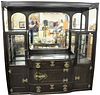 Oak Victorian Sideboard, having curio cabinet sides, art nouveau style, height 80 inches, width 79 inches.