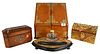 Four Piece Group, to include burl tea box having brass mounts, dome top brass bound letter box, inkwell having brass mounts along with a oak box with 