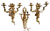 Group of Three Brass Wall Sconces, to include a pair having foliate motif arms along with one sconce having three arms and flower form drip pans, leng