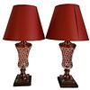 Pair of Ruby Block Urns, made into table lamps having red shades, total height 25 inches.