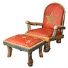 Sticks Object Art Furniture Armchair and Matching Ottoman, having red leather and cowhide upholstery, inscribed on the front "Live Life to the Fullest