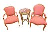 Three Piece Lot, to include Louis XV style fauteuil with custom upholstery and round gilt marble top table, height 29 inches, diameter 21 inches.