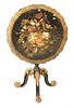 Paper Mache Tilt Top Table, having mother of pearl inlay set on paw foot pedestal, height 29 inches, diameter 29 inches.
