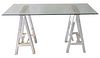 Ralph Lauren Chrome Sawhorse Table, having glass top (not original glass), height 30 inches, top 36" x 59 1/2".