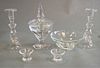 Six Piece Glass Lot, to include a pair of Steuben candlesticks, Steuben bowl, a pair of Steuben salts, along with a Val St. Lambert covered candy dish