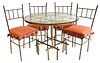Five Piece Faux Bamboo Bistro/Patio Set, to include four side chairs with custom cushions along with a round glass top, table height 29 inches, diamet