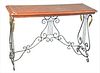 Sofa Table, having tooled leather top over metal base with swan decorations, height 30 inches, top 17" x 44".