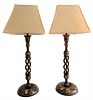 A Pair of Carved Wood Candlestick Lamps, having floral decoupage paint decoration twists, and two lights each, overall height 29 3/4 inches.
