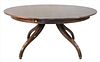 Custom Mahogany Round Dining Table, having two extra leaves, on pedestal base, height 29 inches, diameter 63 inches, opens to 111 inches, leaves 24 in