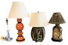 Four Piece Lot of Table Lamps, to include a Chinese style painted metal table lamp having bird motif on each panel, a brown metal table lamp having wh