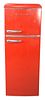 Red Galanz Refrigerator/Freezer, 2019, height 58 1/2 inches, width 21 1/2 inches, depth 21 inches.