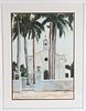Spanish Style Church w Palms, Signed Watercolor