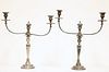 A PAIR OF OLD SHEFFIELD PLATE CANDELABRA, each with twin reeded scrolling b