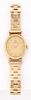 A LADY'S 9 CARAT GOLD OMEGA BRACELET WATCH,?oval champagne dial with gilt b