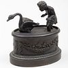Patinated Metal Inkwell of a Child Chasing a Swan
