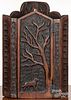 Folk art carved pine hanging corner cupboard