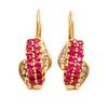 Earrings, GIA Contemporary 14k gold diamond and ruby lever back earrings