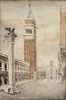 Antique Signed Watercolor  San Marco Bell Tower, Venice Italy