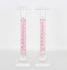 Pair of Pink Twisted Ribbon Glass Candlesticks