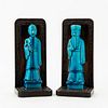 PR CHINESE FIGURAL TURQUOISE GLAZE & WOOD BOOKENDS