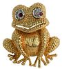 18 Karat Gold Frog Brooch, having diamond and ruby eyes, height 1 1/4 inches, 17.7 grams.