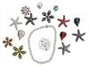 Large Group of Jewelry, having rhinestone starfish pins; flower brooches; leaf pins; sterling rhinestone necklace, length 16 inches; along with matchi
