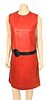 Pierre Cardin Iconic "Space Age" Red Leather Dress, 1960's - 1970's, scoop neck, sleeveless, zip back, top stitch detail, size S/M, condition consiste