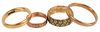 Group of Four Gold Rings, to include two marked 14K, along with two unmarked bands, total weight 12.2 grams.