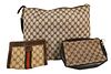  Three Piece Group, to include vintage Gucci logo bags and pouch, blue satchel with fabric handle, brown pouch with leather trim along with a small bl